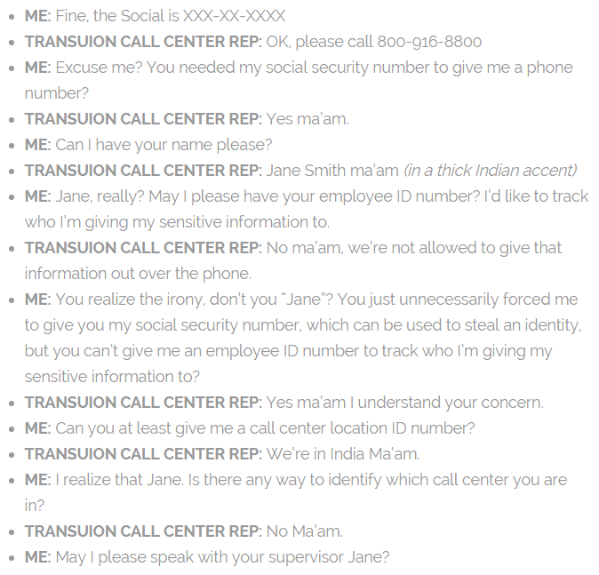 Una conversación del centro de llamadas: ¿Necesita mi número de seguro social pero no le dará a su identificación de empleado?